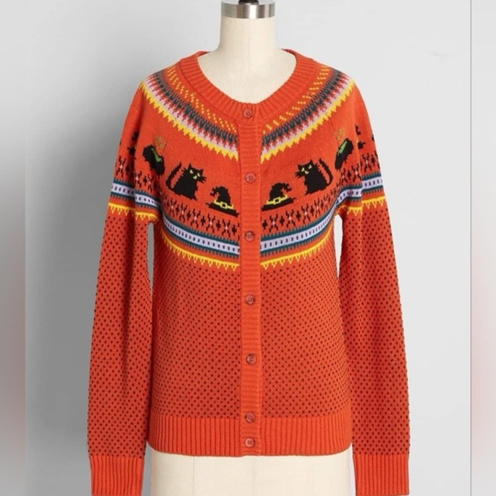 ModCloth Witch’s Candy cat print halloween fair isle sweater 4X EUC